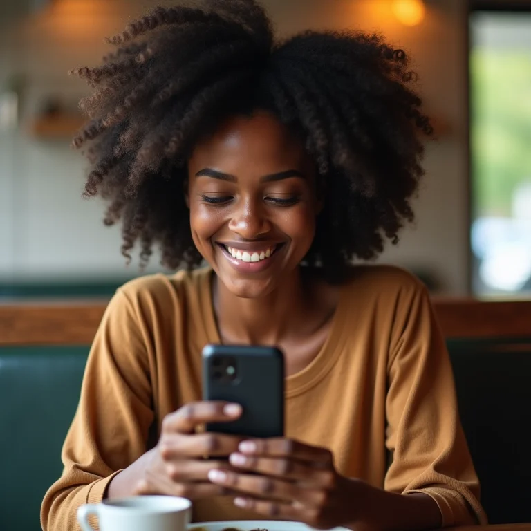 Mulher negra sorrindo enquanto carrega o celular com power bank