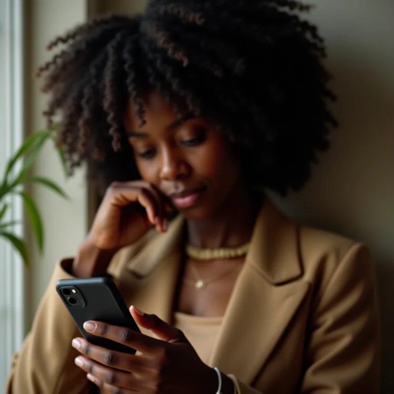 Mulher negra sorrindo enquanto checa seu celular recondicionado.