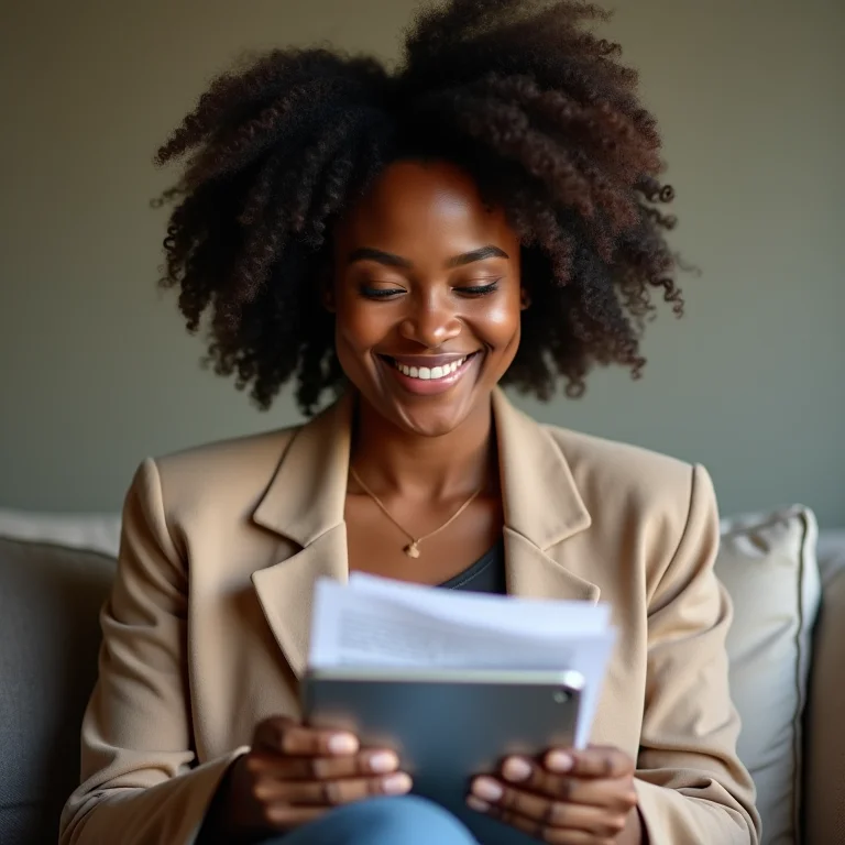 Mulher negra sorrindo enquanto compartilha arquivos no tablet.