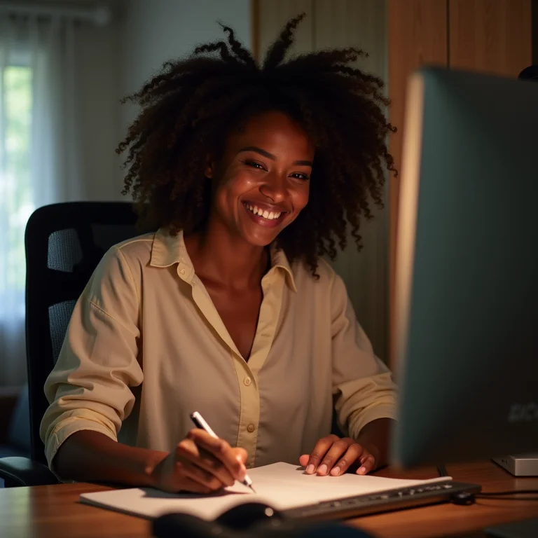 Mulher negra sorrindo enquanto configura o OBS Studio para live no Instagram.