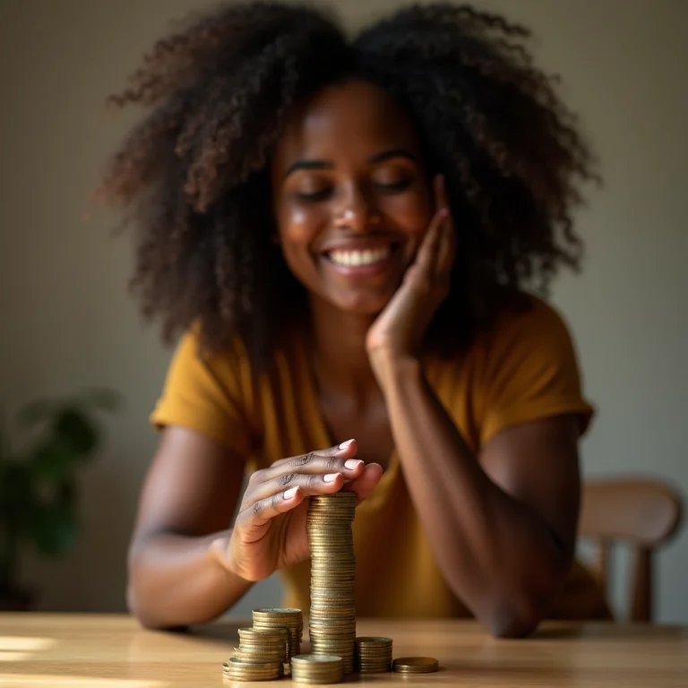 Mulher negra sorrindo enquanto empilha moedas, representando os pilares da independência financeira
