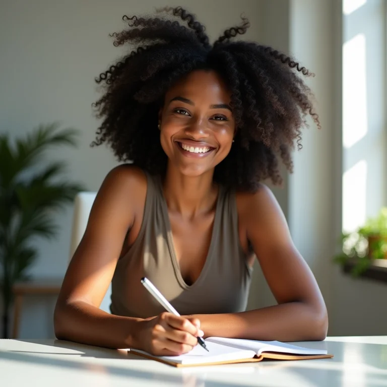 Mulher negra sorrindo enquanto estuda finanças