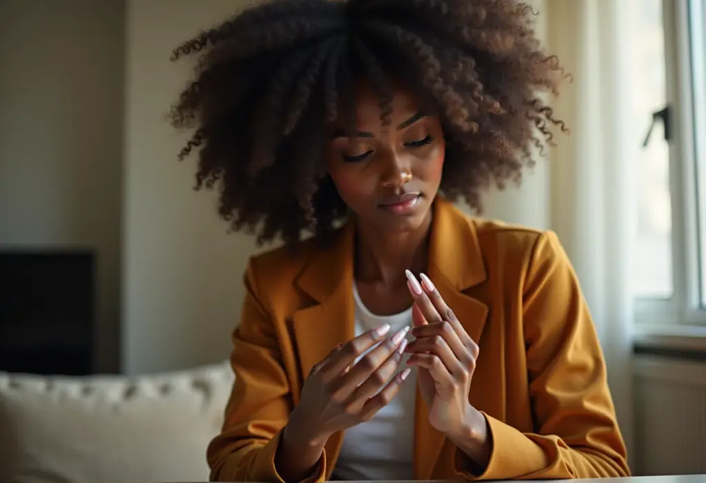 Unhas de Gel em Casa: Guia Completo para Iniciantes (Kit Ideal) Mulher negra sorrindo enquanto faz as unhas de gel em casa