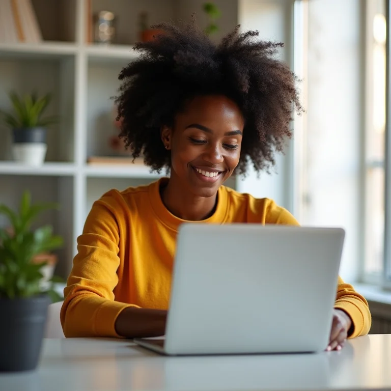Mulher negra sorrindo enquanto faz curso do Google Skillshop.