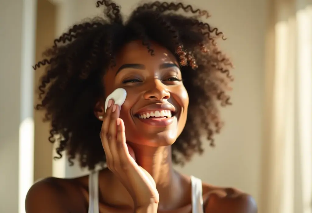 Mulher negra sorrindo enquanto faz limpeza de pele caseira