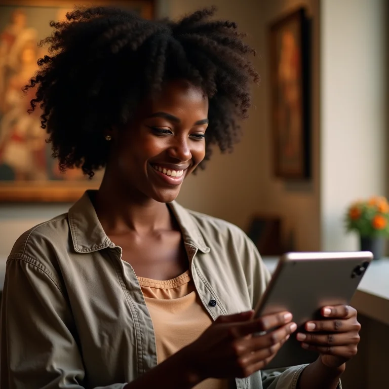 Mulher negra sorrindo enquanto faz tour virtual em tablet