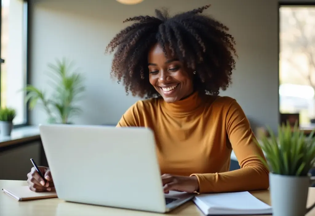 Mulher negra sorrindo enquanto faz um curso online no laptop