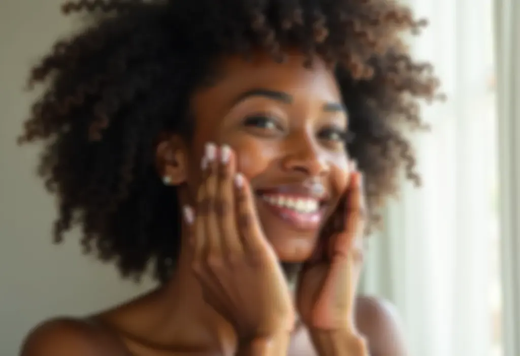 Mulher negra sorrindo enquanto hidrata a pele
