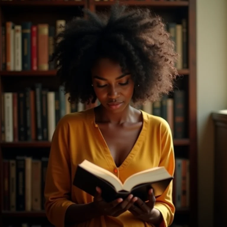 Mulher negra sorrindo enquanto lê um livro em uma biblioteca ensolarada.