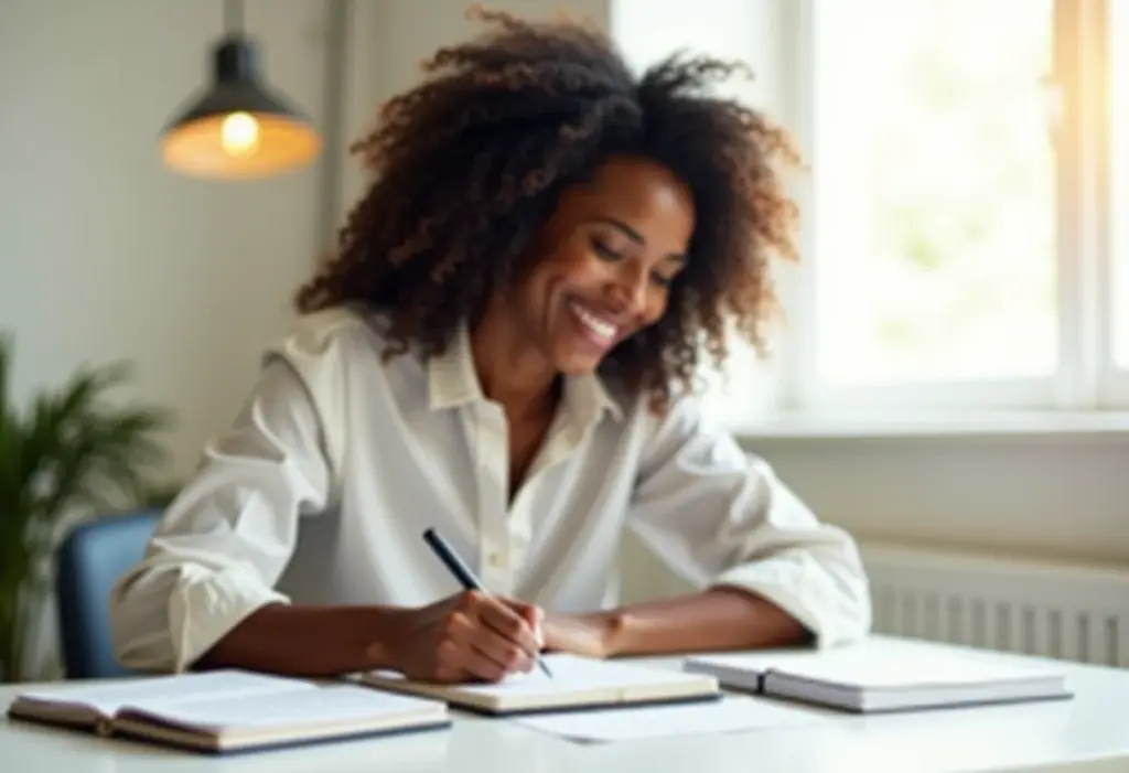 Mulher negra sorrindo enquanto organiza as finanças em um caderno.