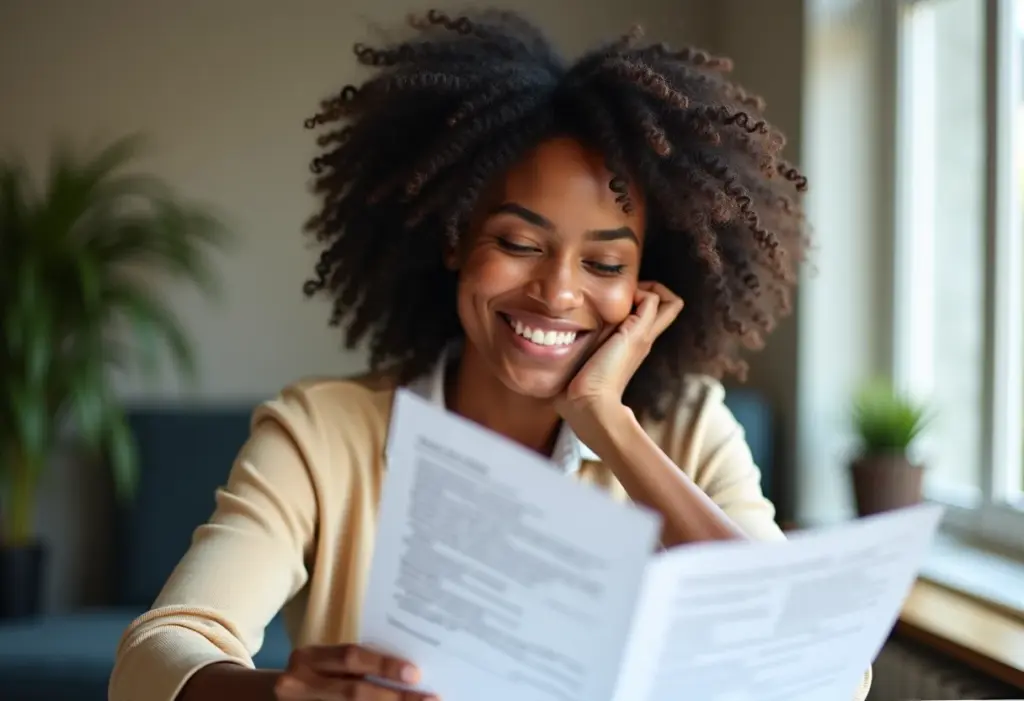 Mulher negra sorrindo enquanto organiza documentos MEI