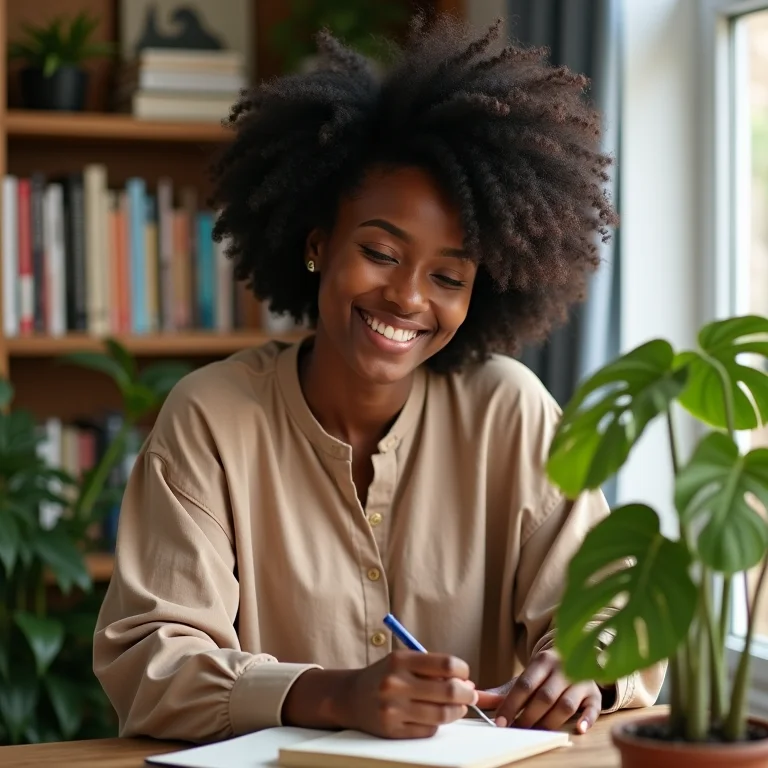 Mulher negra sorrindo enquanto organiza prateleira com livros e plantas
