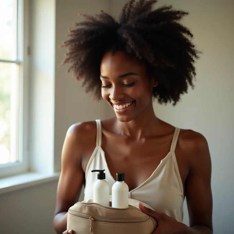 Mulher negra sorrindo enquanto organiza produtos de higiene pessoal em tamanho viagem.
