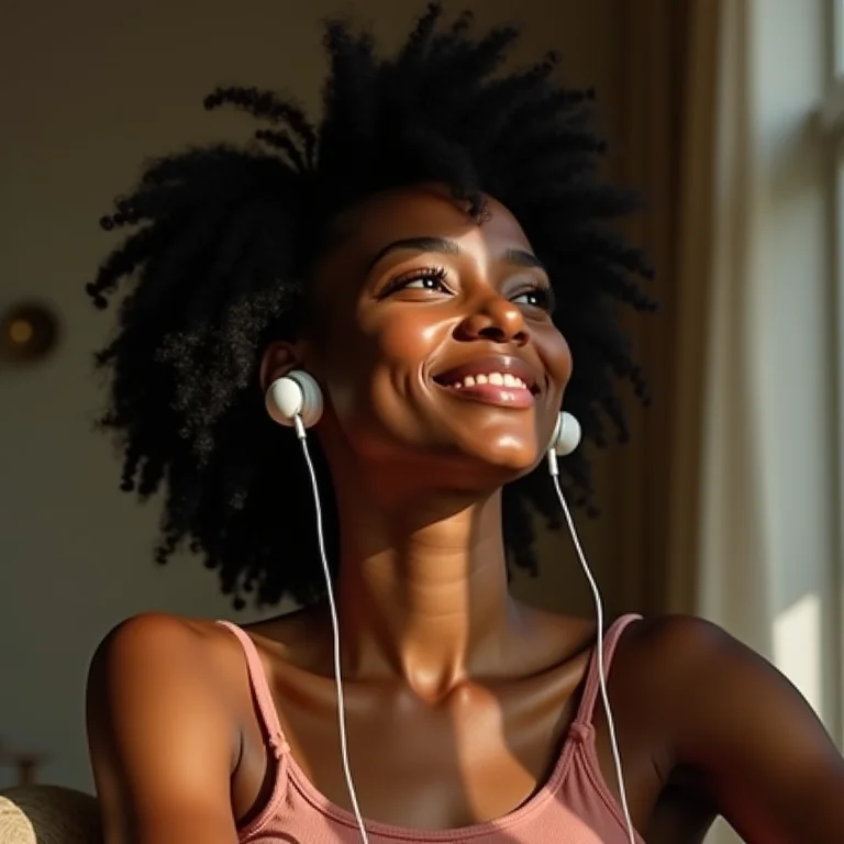 Mulher negra sorrindo enquanto ouve podcast no celular.