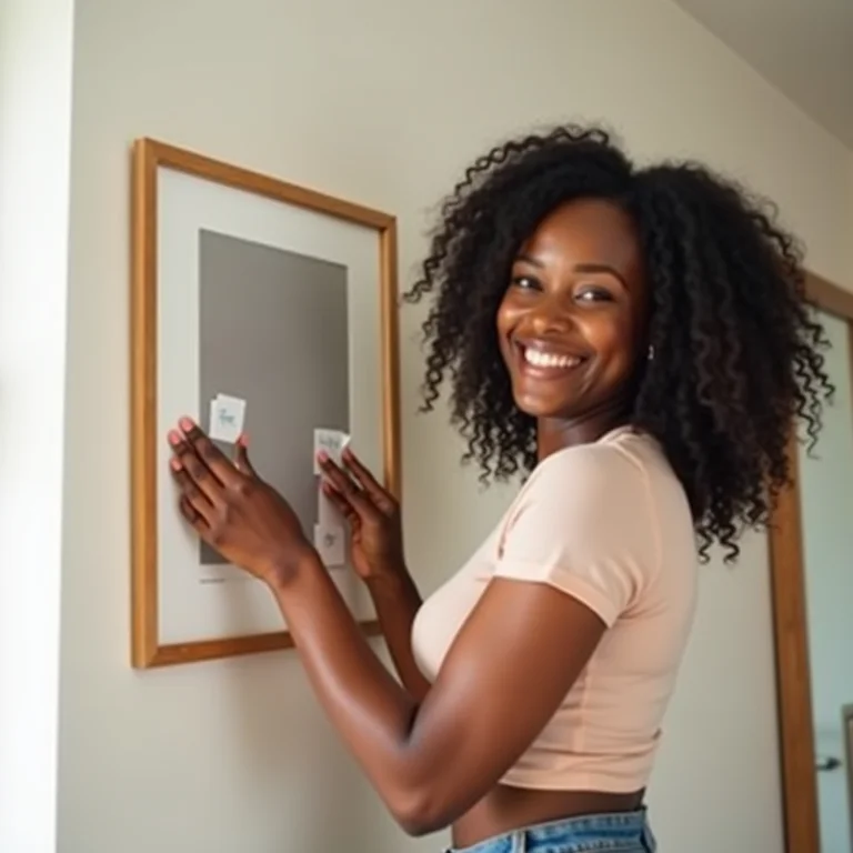 Mulher negra sorrindo enquanto pendura quadro com adesivos.