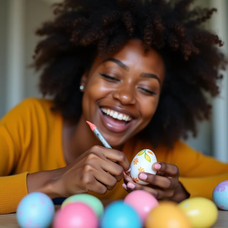 Mulher negra sorrindo enquanto personaliza um ovo de Páscoa com canetas comestíveis