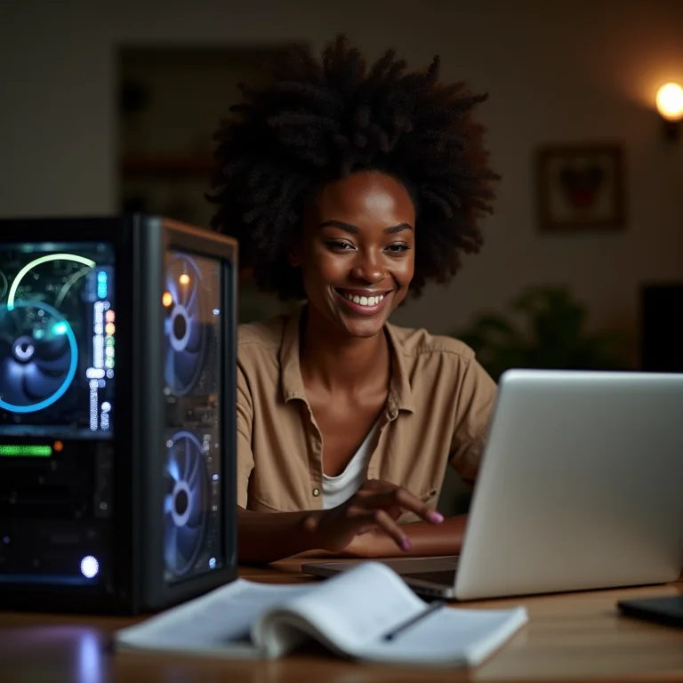 Mulher negra sorrindo enquanto planeja a montagem do seu PC gamer