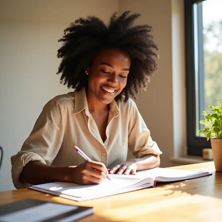 Mulher negra sorrindo enquanto planeja o cardápio da semana