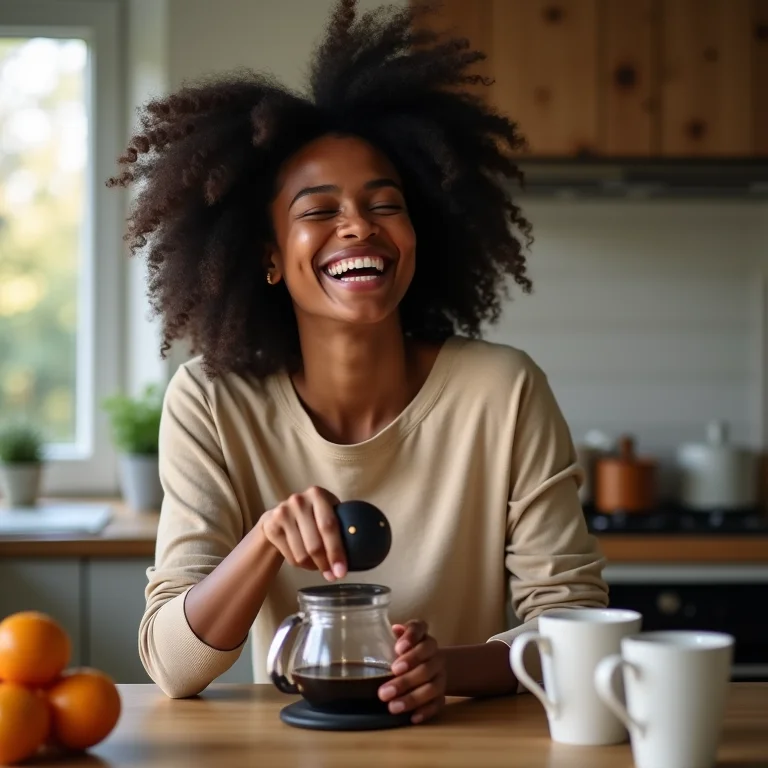 Mulher negra sorrindo enquanto prepara café