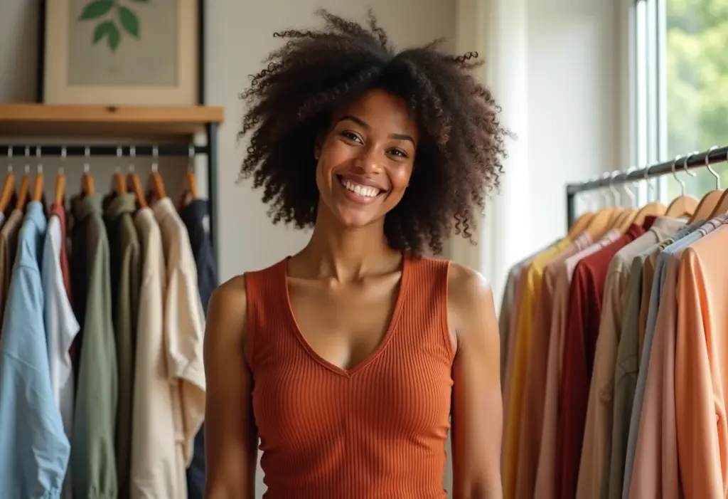 Mulher negra sorrindo enquanto prepara roupas usadas para vender online.