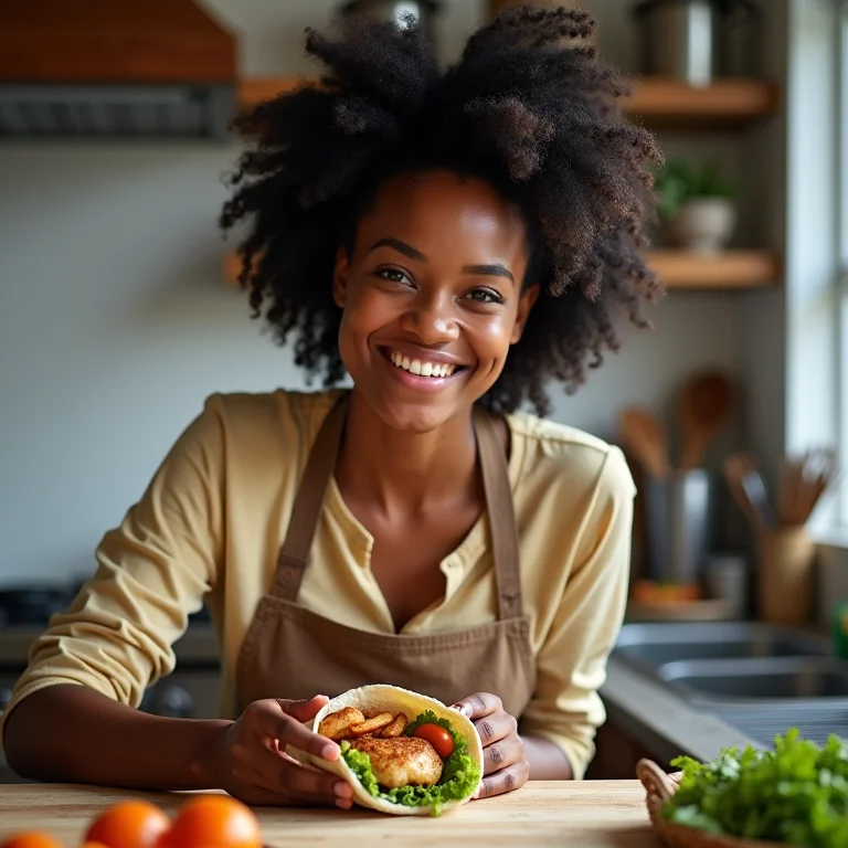 Mulher negra sorrindo enquanto prepara wrap de frango