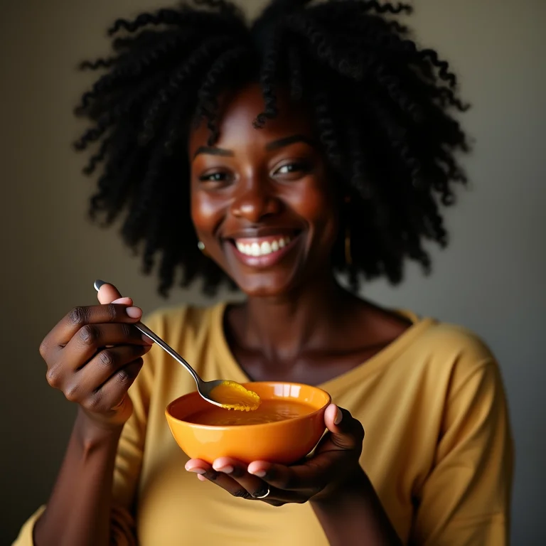 Mulher negra sorrindo enquanto prova sopa de abóbora com gengibre.
