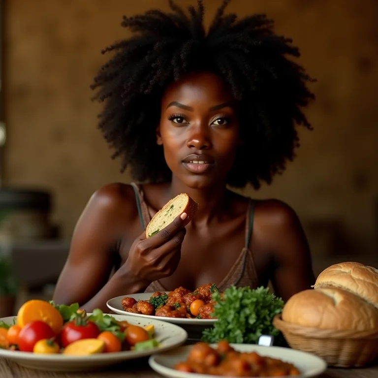 Mulher negra sorrindo enquanto saboreia uma refeição rica em nutrientes.