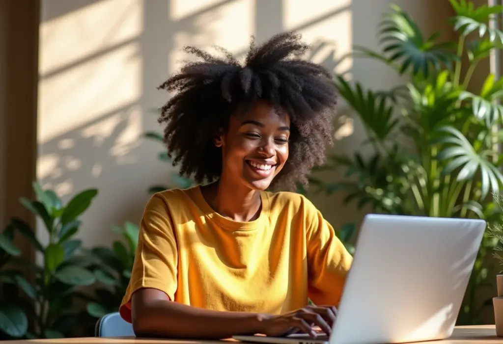 Estágio dos sonhos: os sites secretos que ninguém te conta Mulher negra sorrindo enquanto trabalha no laptop em um espaço de coworking ensolarado.