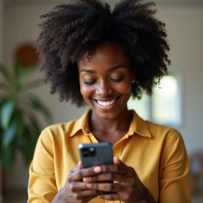 Mulher negra sorrindo enquanto usa aplicativo de banco digital