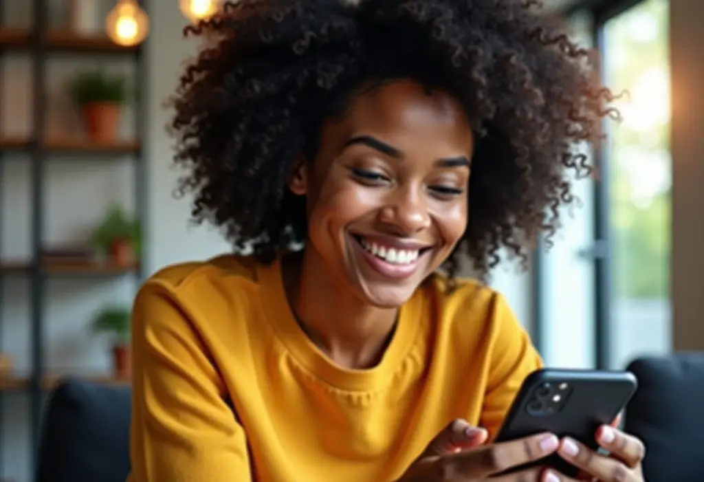 Mulher negra sorrindo enquanto usa aplicativo MEI no celular