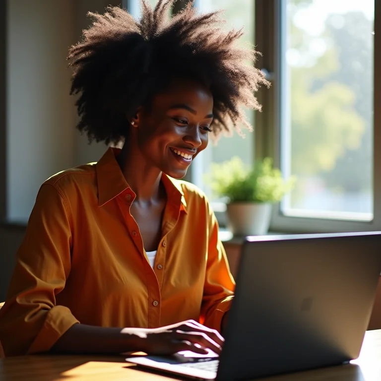Mulher negra sorrindo enquanto usa o Photopea no laptop