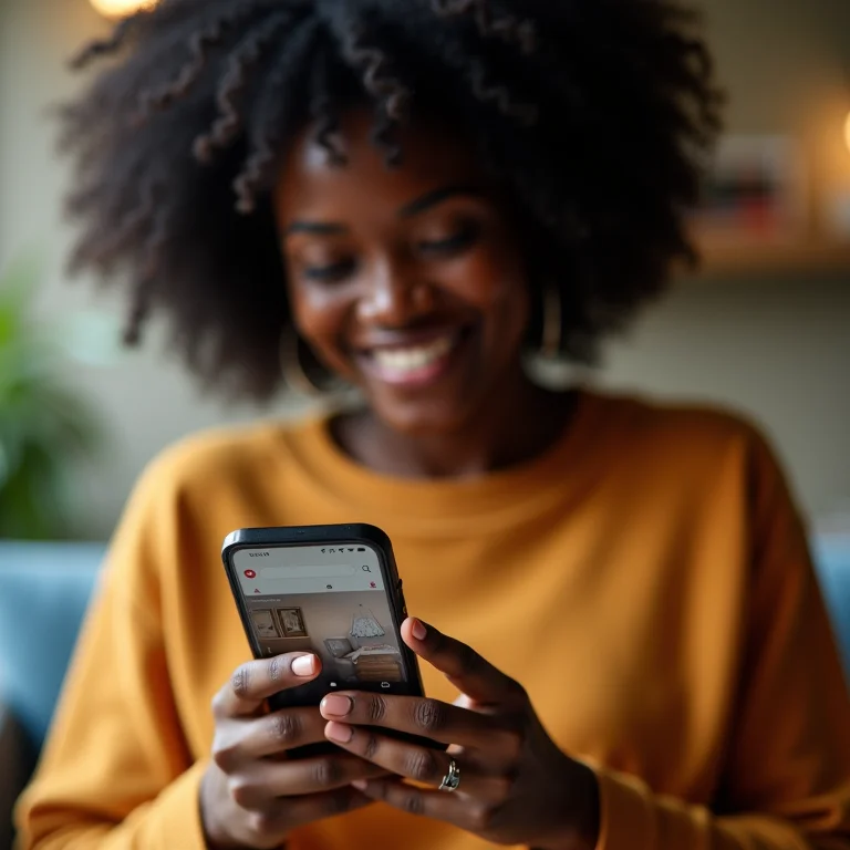Mulher negra sorrindo enquanto usa o Pinterest.