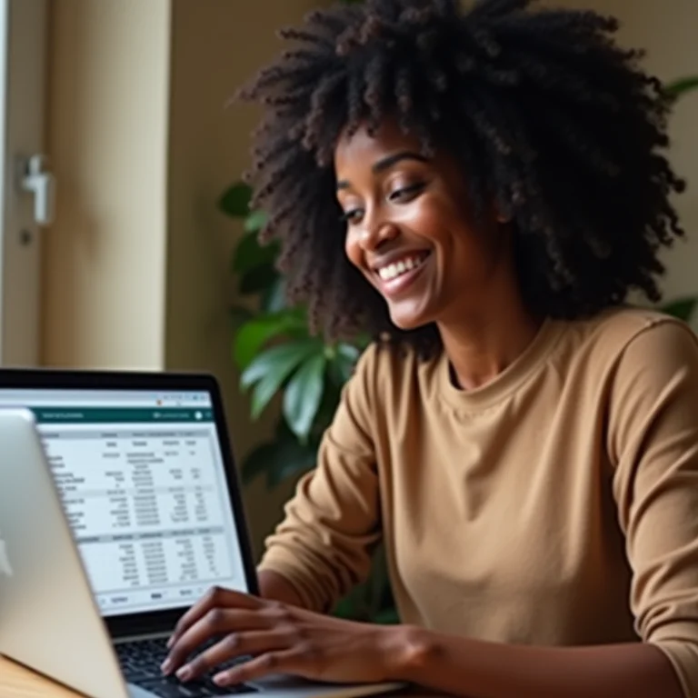 Mulher negra sorrindo enquanto usa planilha de controle de horas.