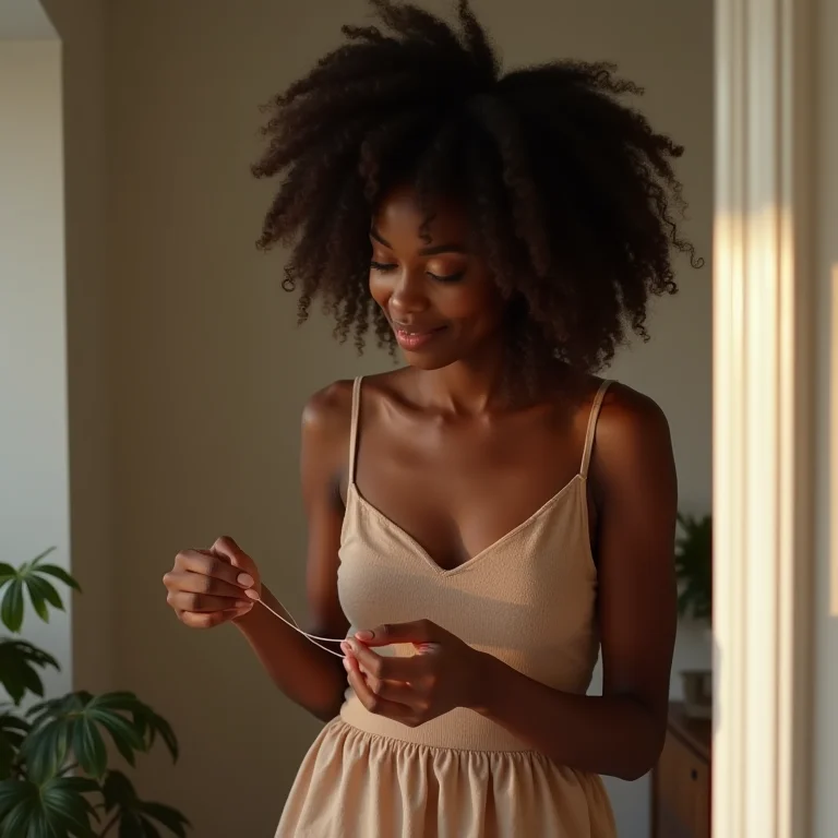 Mulher negra sorrindo, escolhendo roupa do seu guarda-roupa cápsula.