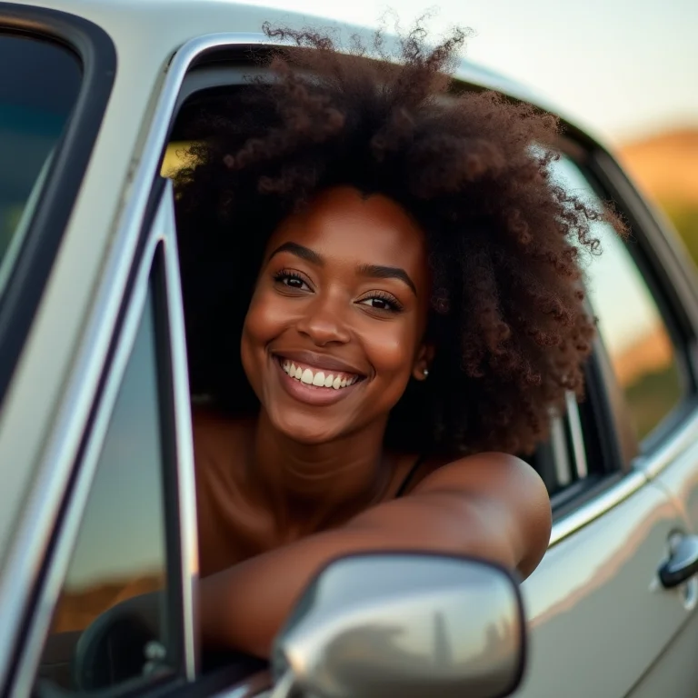 Mulher negra sorrindo na janela do carro na Estrada Real