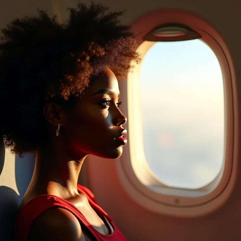 Mulher negra sorrindo olhando a paisagem da janela do avião