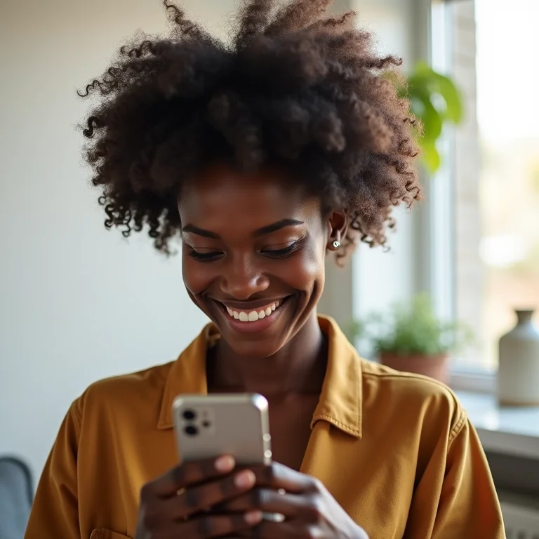 Mulher negra sorrindo olhando fotos no celular