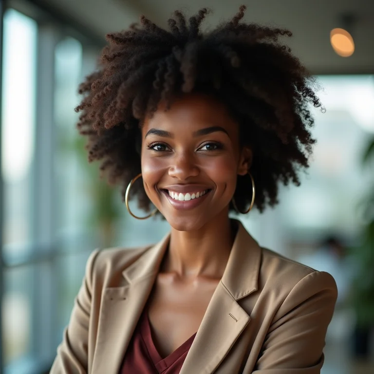 Mulher negra sorrindo, representando mentalidade de crescimento