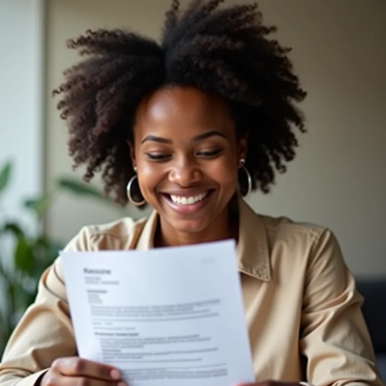 Mulher negra sorrindo satisfeita ao revisar seu currículo com idiomas