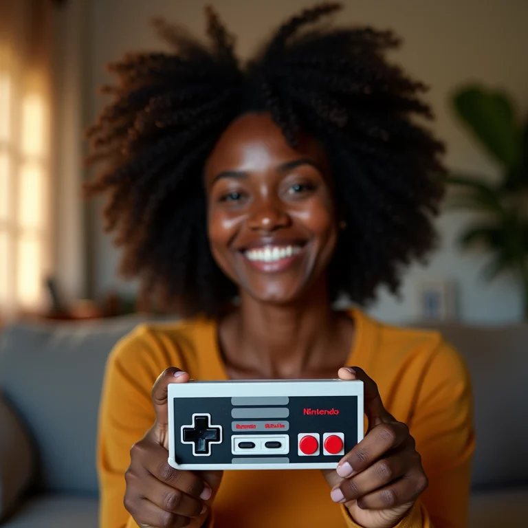 Mulher negra sorrindo segurando controle de NES.