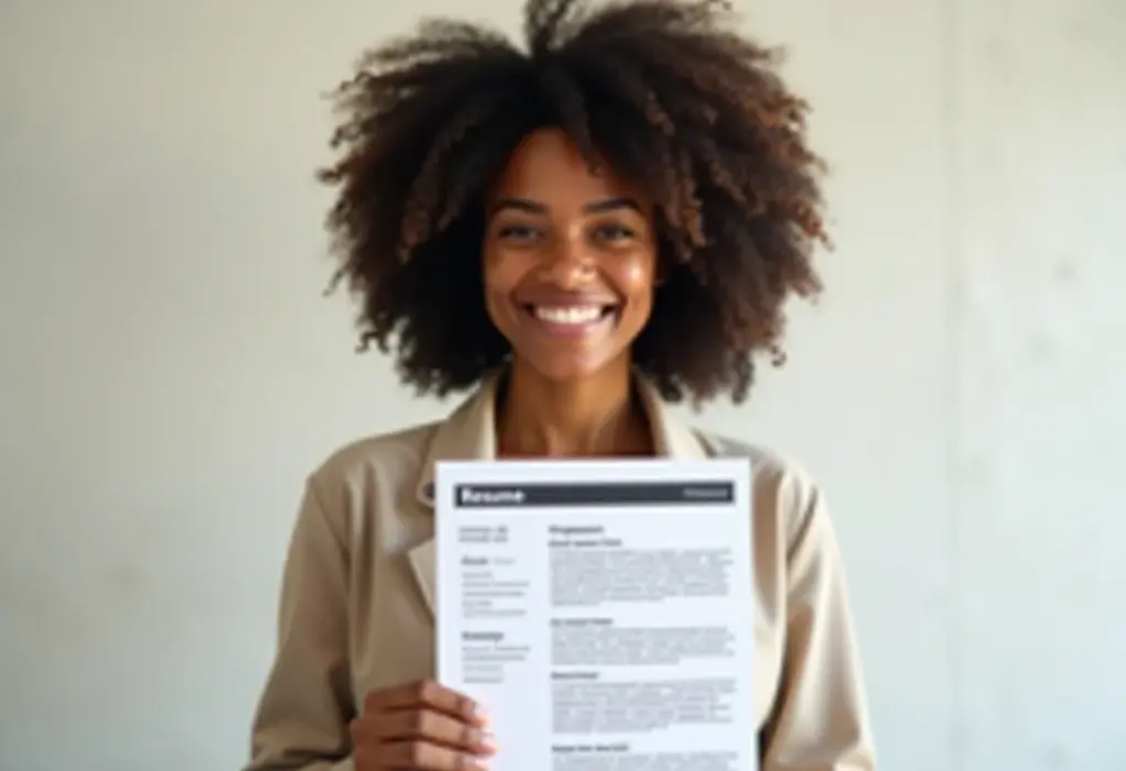 Currículo Minimalista: Modelos modernos para baixar e impressionar Mulher negra sorrindo segurando currículo minimalista.