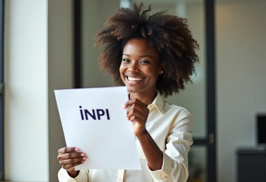 Mulher negra sorrindo, segurando documento do INPI.