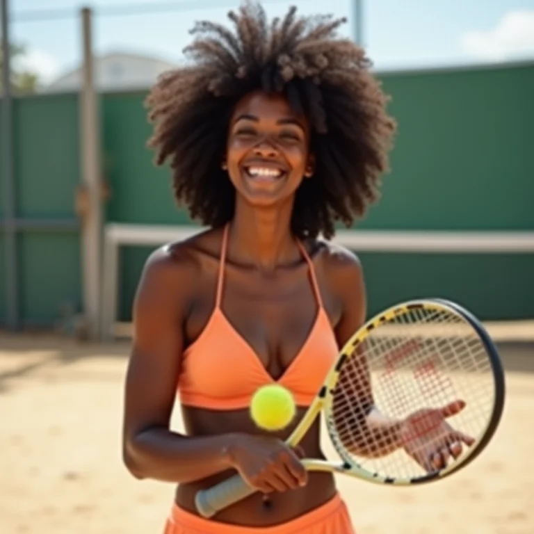 Mulher negra sorrindo segurando raquete de beach tennis