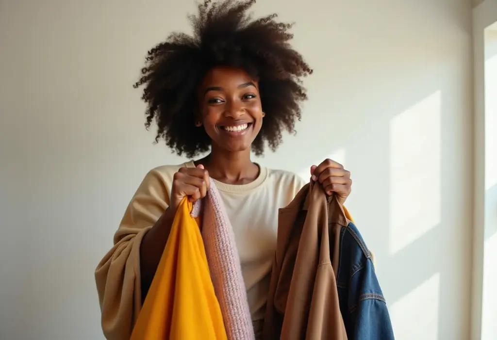 Mulher negra sorrindo, segurando roupas novas e de brechó