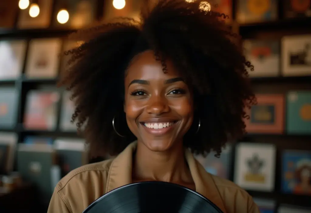 A História do Rock And Roll: Das Origens às Vertentes que Você Ama Mulher negra sorrindo segurando um disco de vinil em loja vintage