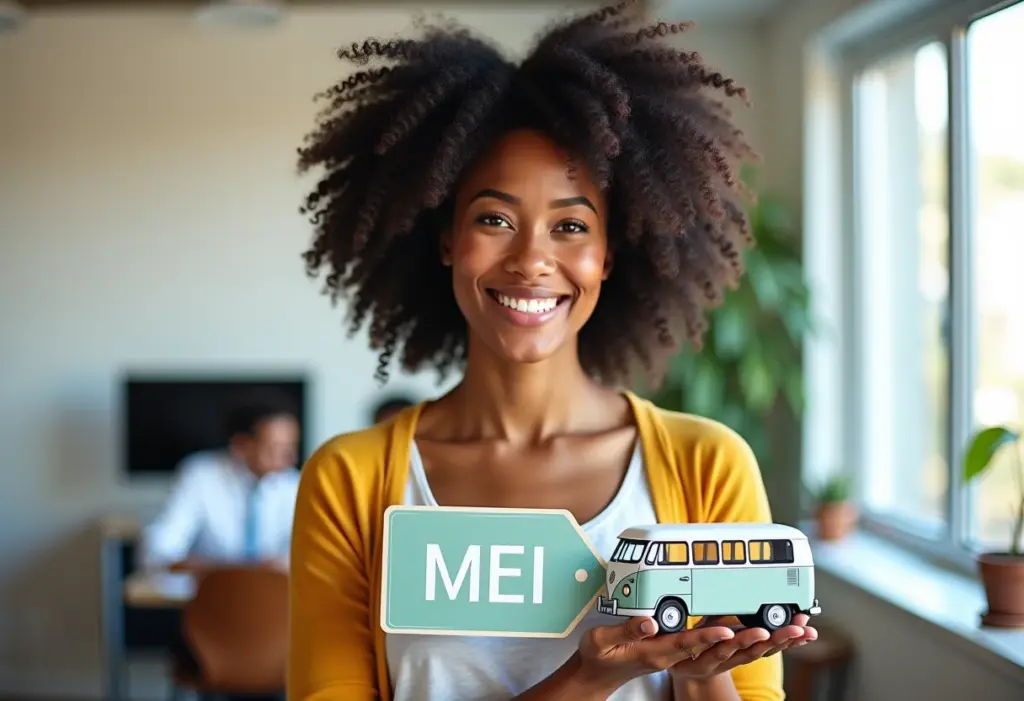 Mulher negra sorrindo segurando um mini ônibus e uma placa MEI
