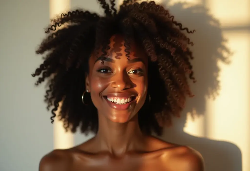 Mulher negra sorrindo, usando acessórios de cabelo da moda