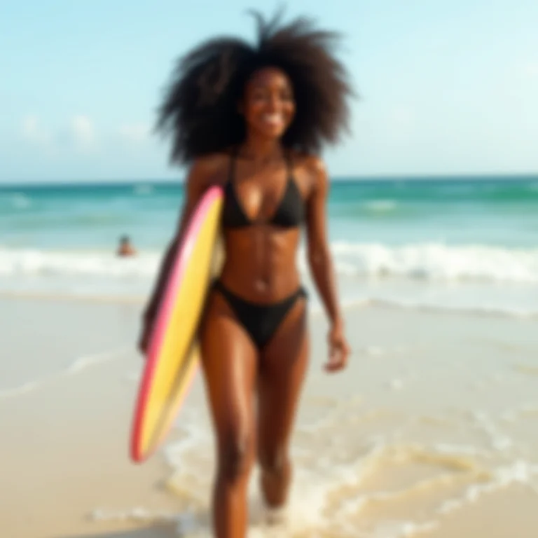 Mulher negra surfando na Praia de Cupe