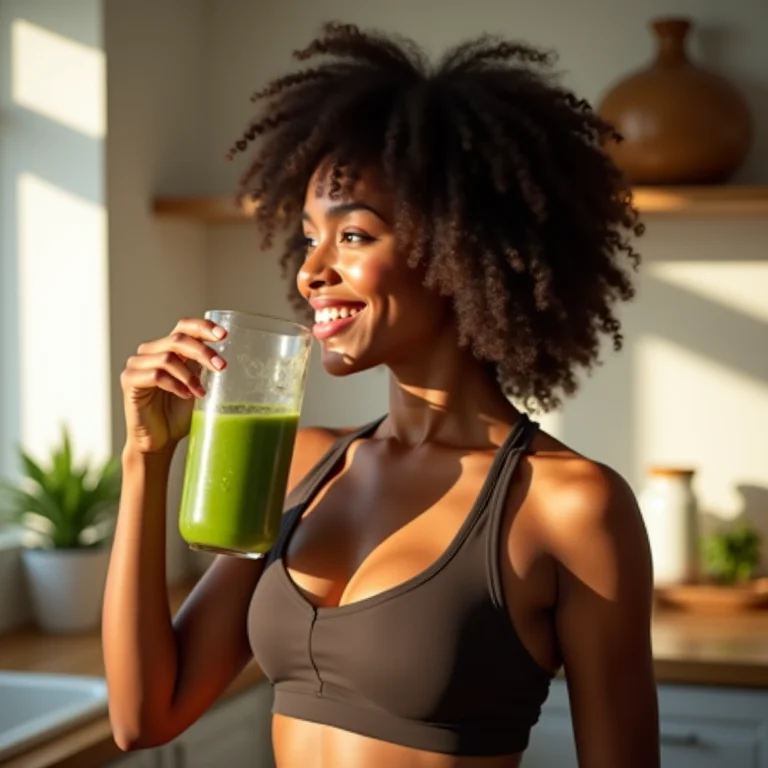 Mulher negra tomando smoothie após treino matinal