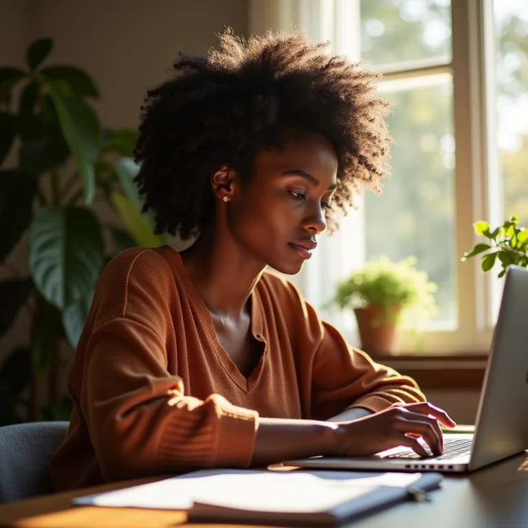 Mulher negra trabalhando focada em home office iluminado